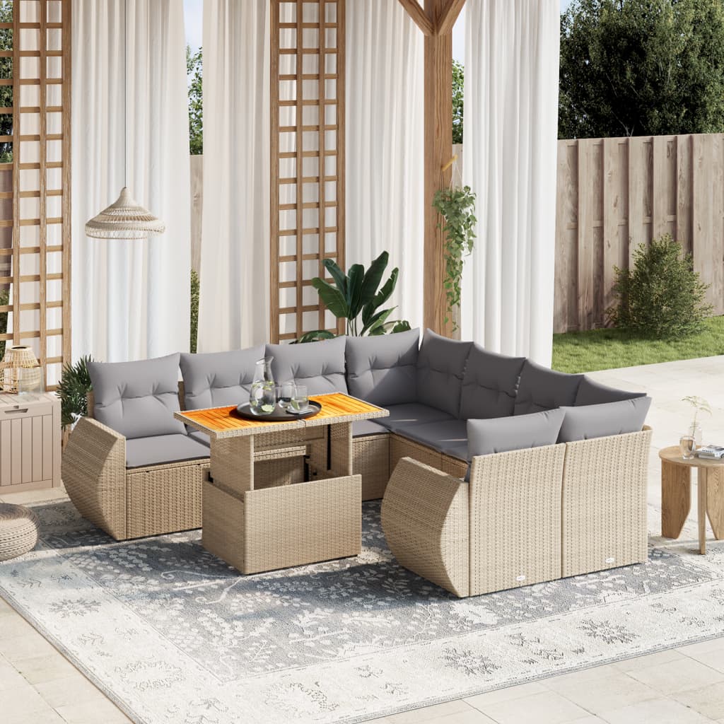 vidaXL 9-tlg. Garten-Sofagarnitur mit Kissen Beige Poly Rattan