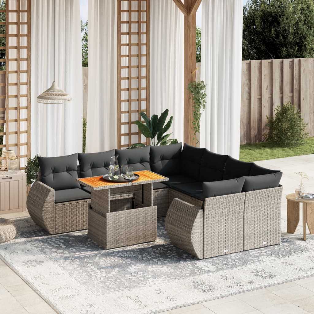 vidaXL 9-tlg. Garten-Sofagarnitur mit Kissen Grau Poly Rattan