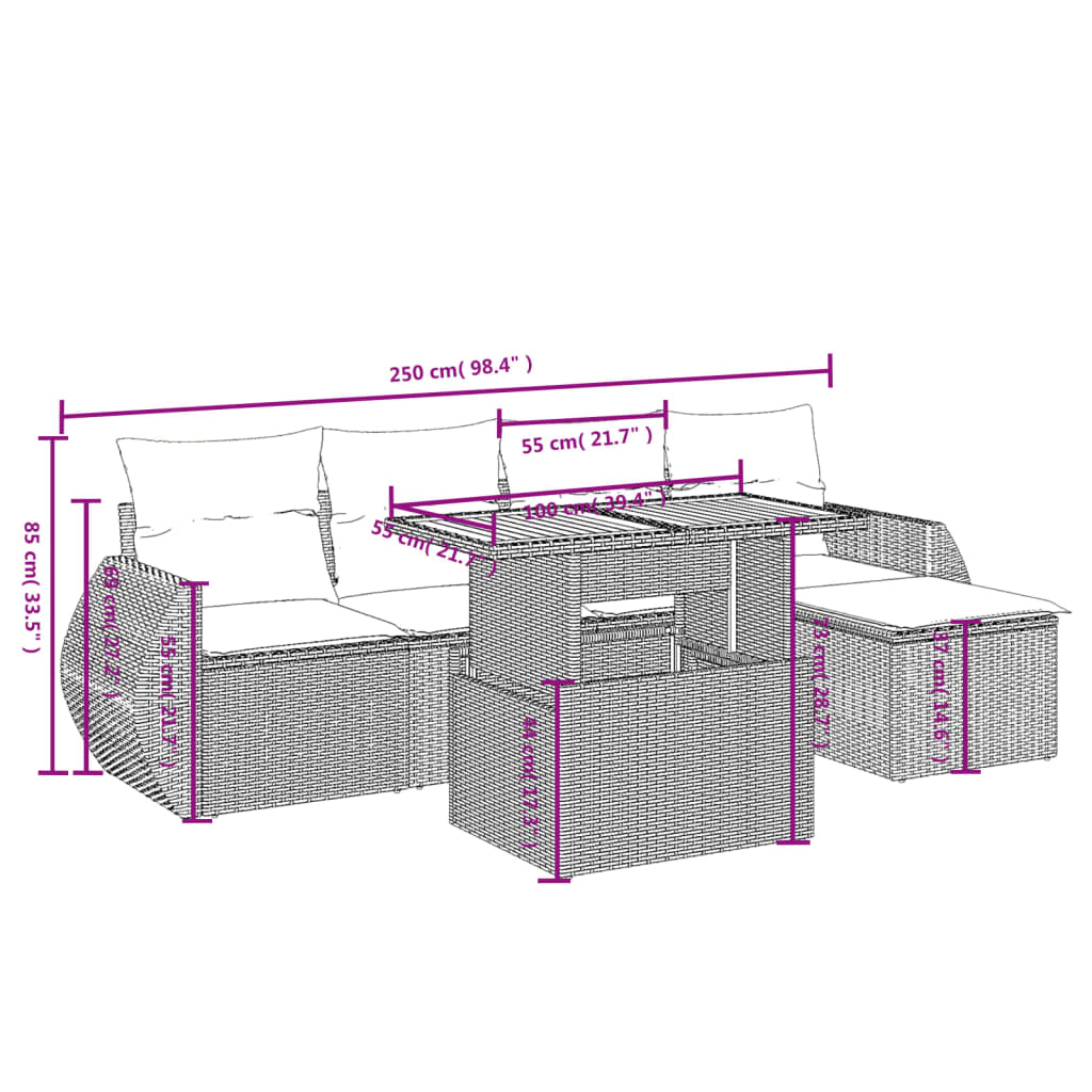vidaXL 6-delige Loungeset met kussens poly rattan zwart afbeelding