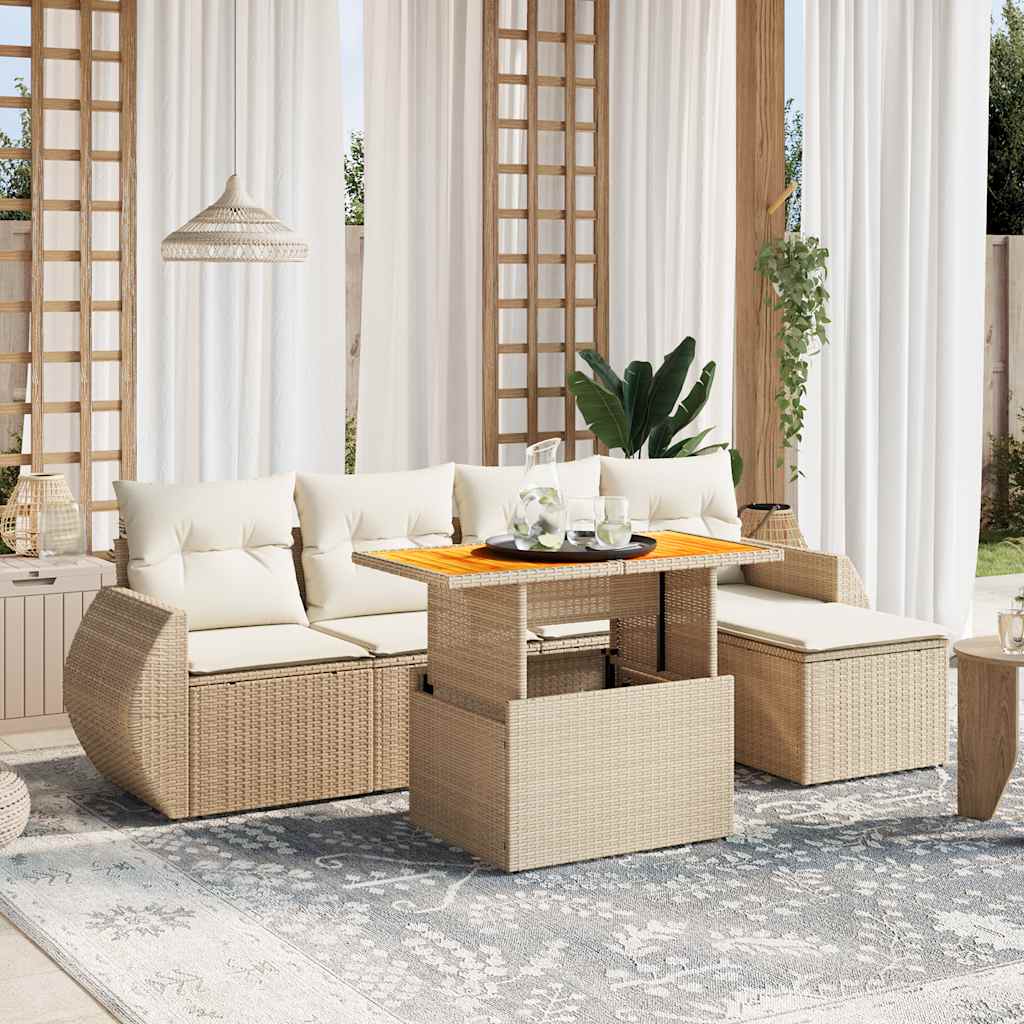 vidaXL 6-tlg. Garten-Sofagarnitur mit Kissen Beige Poly Rattan