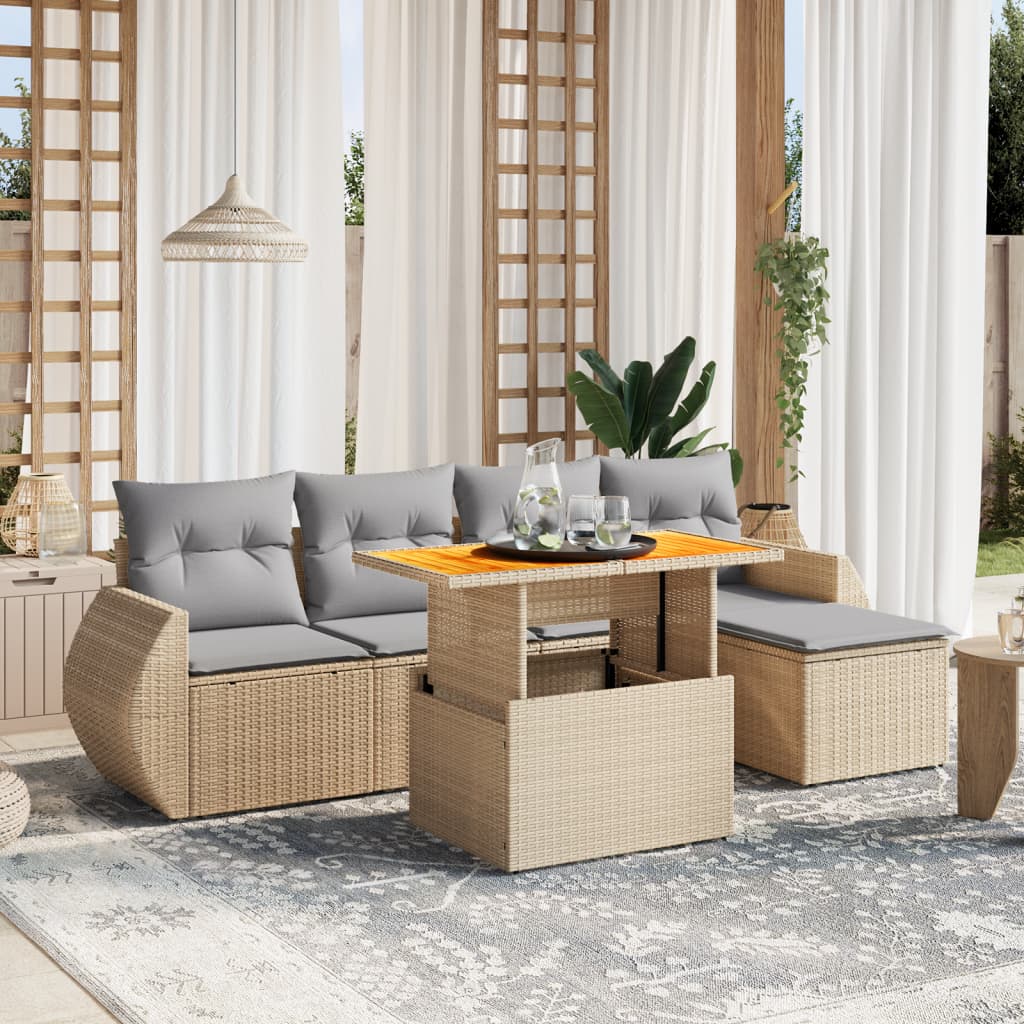 vidaXL 6-tlg. Garten-Sofagarnitur mit Kissen Beige Poly Rattan