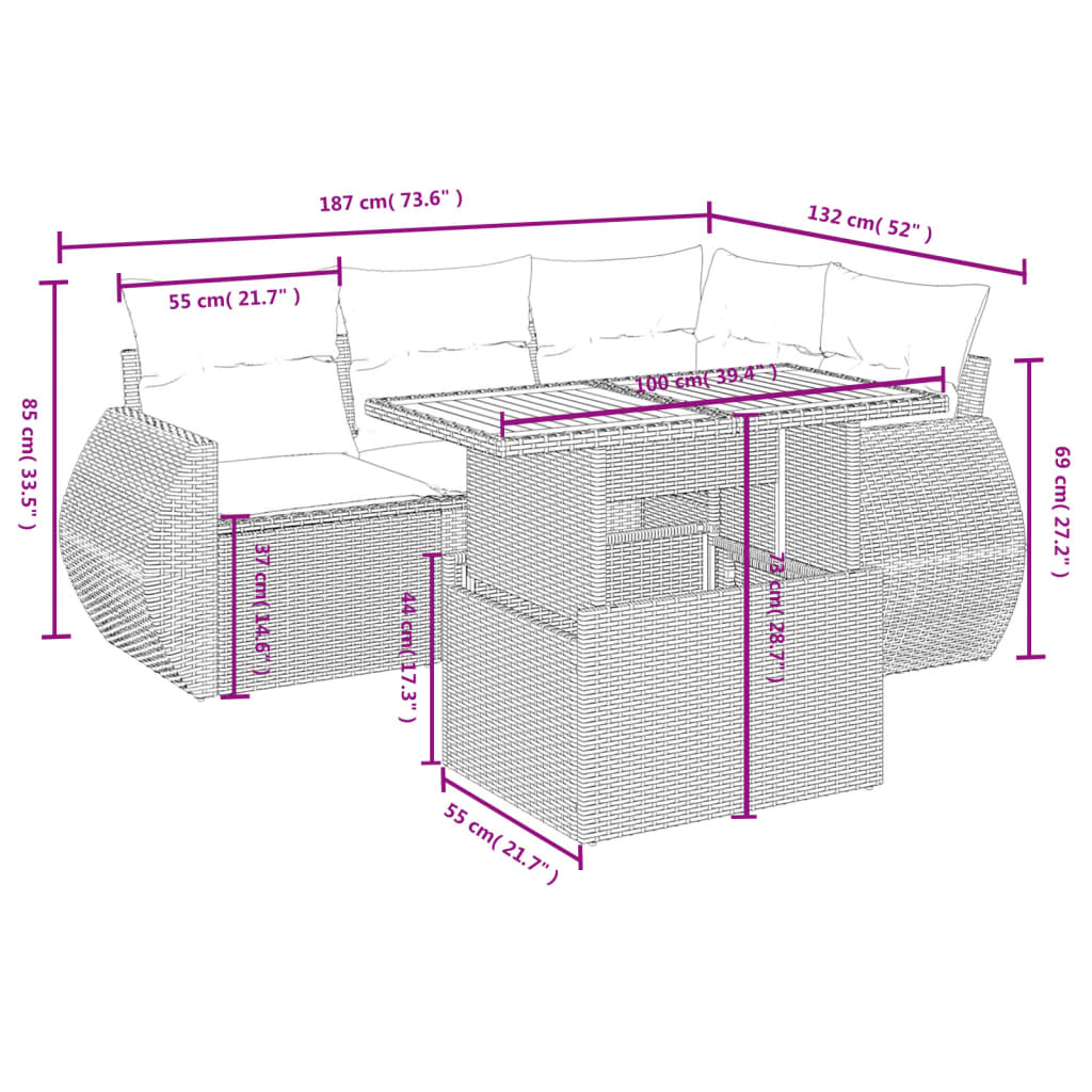 vidaXL 5-delige Loungeset met kussens poly rattan zwart afbeelding