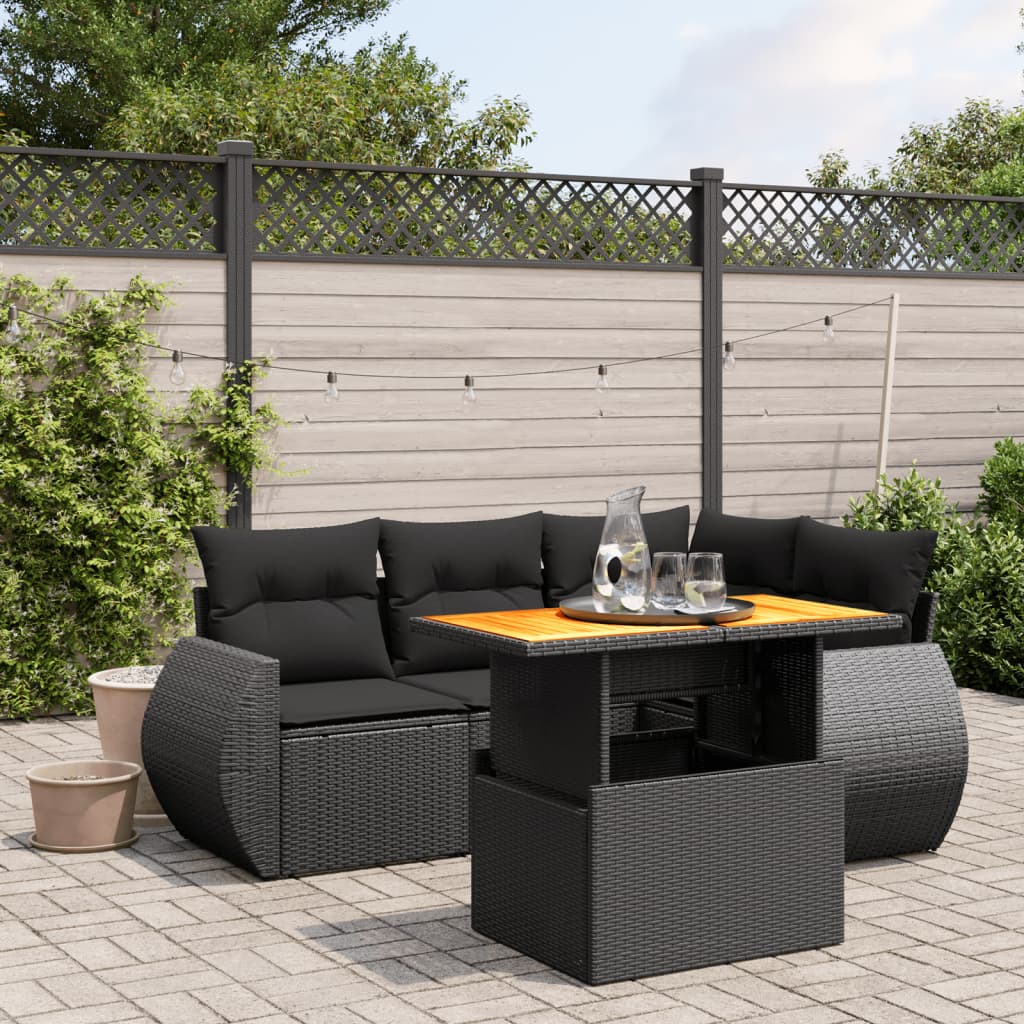 vidaXL 5-tlg. Garten-Sofagarnitur mit Kissen Schwarz Poly Rattan