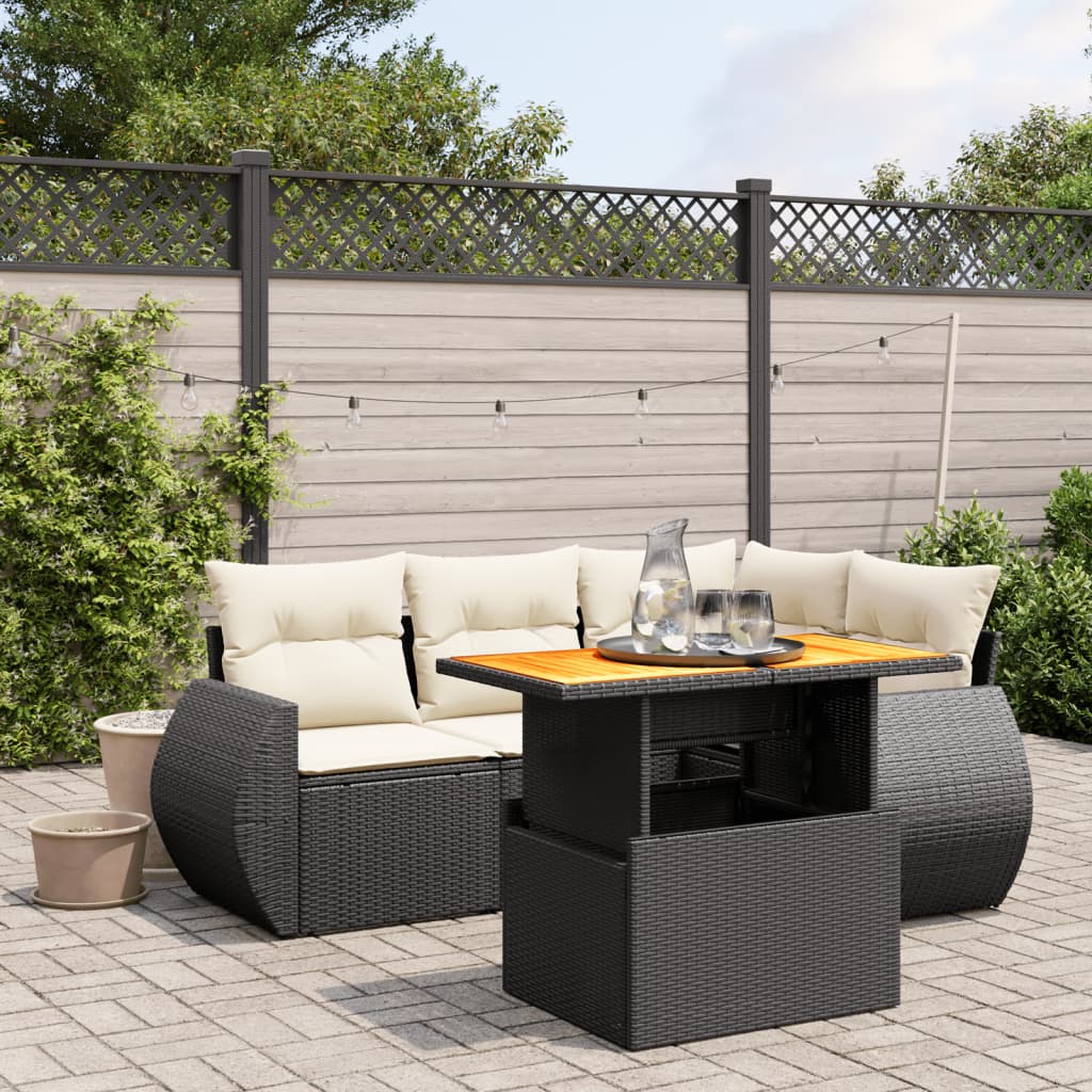 vidaXL 5-tlg. Garten-Sofagarnitur mit Kissen Schwarz Poly Rattan