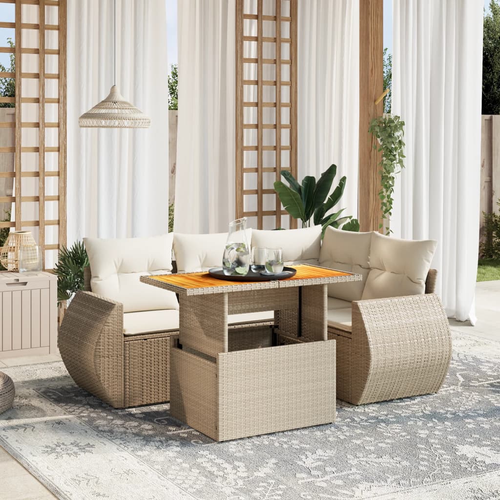 vidaXL 5-tlg. Garten-Sofagarnitur mit Kissen Beige Poly Rattan