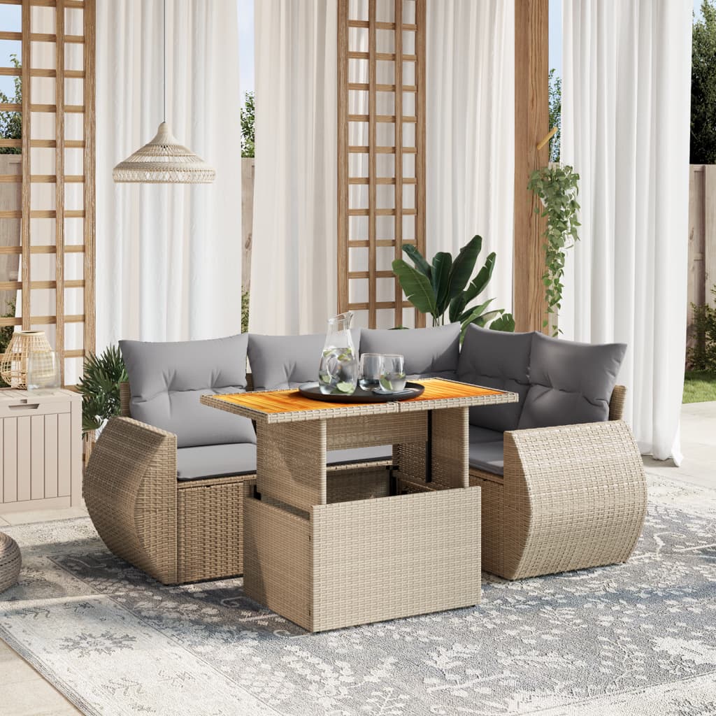 5-tlg. Garten-Sofagarnitur mit Kissen Beige Poly Rattan