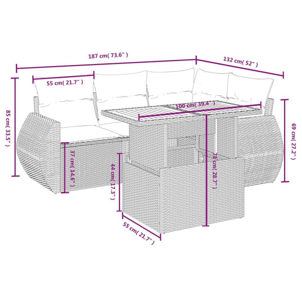 vidaXL 5-delige Loungeset met kussens poly rattan grijs afbeelding
