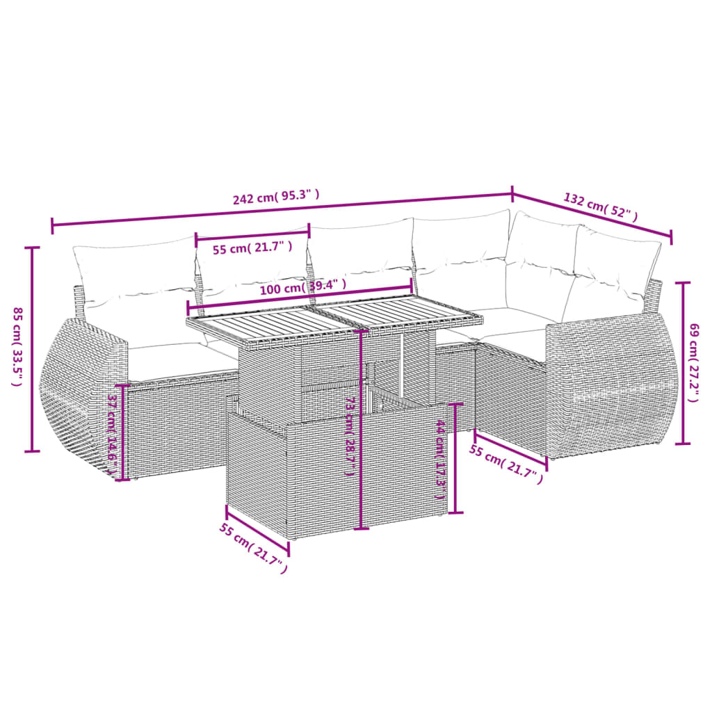 Set mobilier de grădină cu perne, 6 piese, negru, poliratan 3272182 - imagine 3