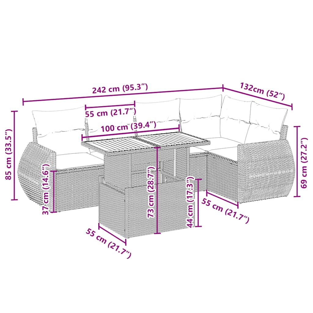 vidaXL 6-delige Loungeset met kussens poly rattan beige afbeelding