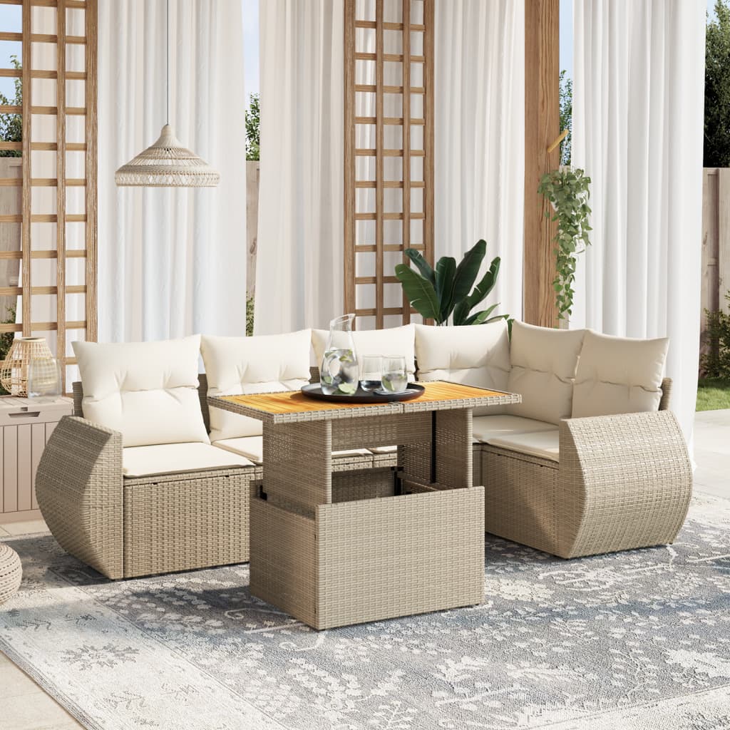 vidaXL 6-tlg. Garten-Sofagarnitur mit Kissen Beige Poly Rattan