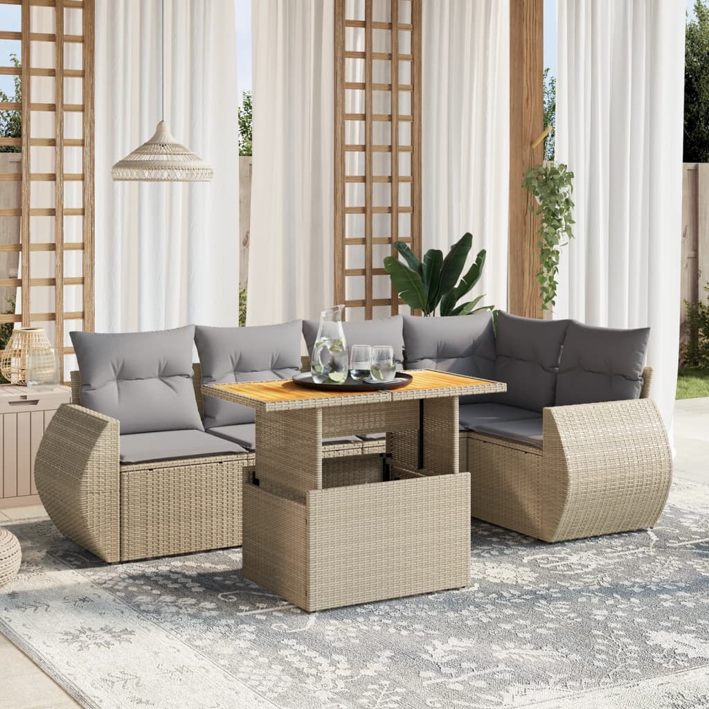 vidaXL 6-tlg. Garten-Sofagarnitur mit Kissen Beige Poly Rattan