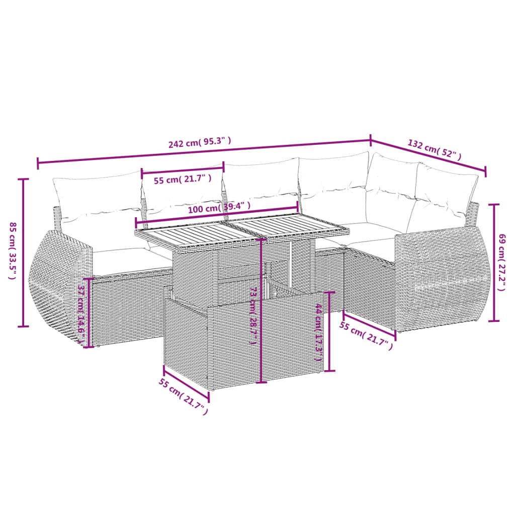 Set mobilier grădină cu perne, 6 piese, gri, poliratan 3272187 - imagine 3