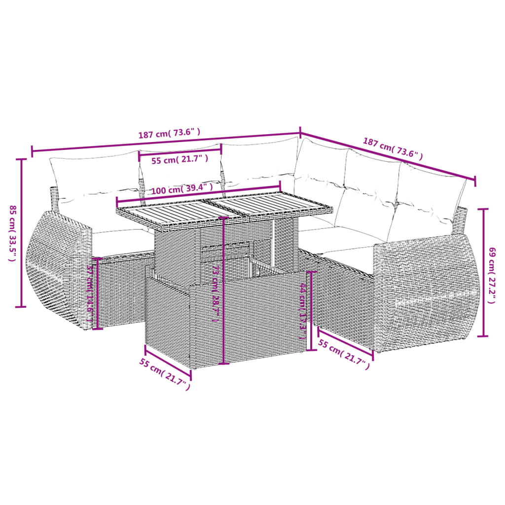 vidaXL 6-delige Loungeset met kussens poly rattan zwart afbeelding
