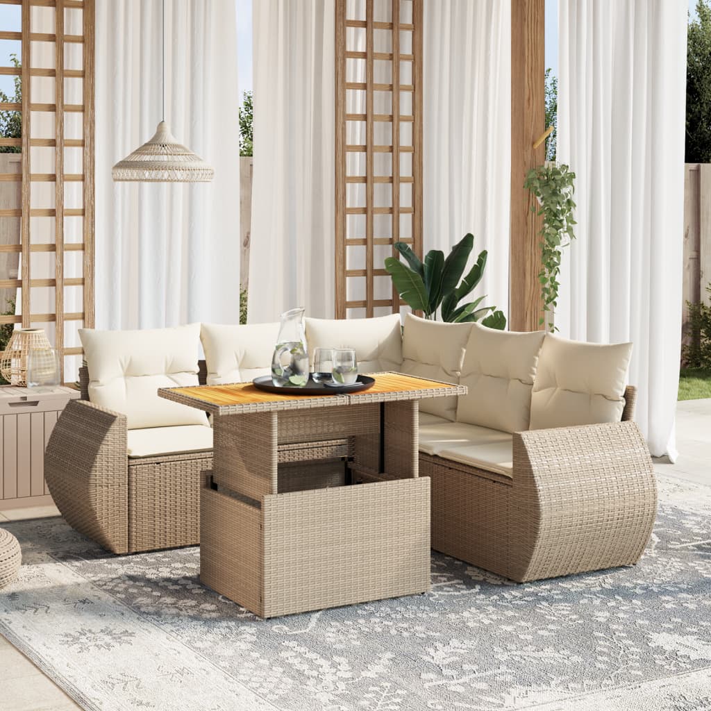 vidaXL 6-tlg. Garten-Sofagarnitur mit Kissen Beige Poly Rattan