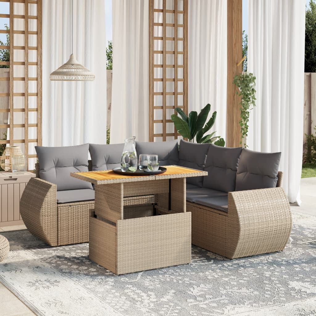 vidaXL 6-tlg. Garten-Sofagarnitur mit Kissen Beige Poly Rattan