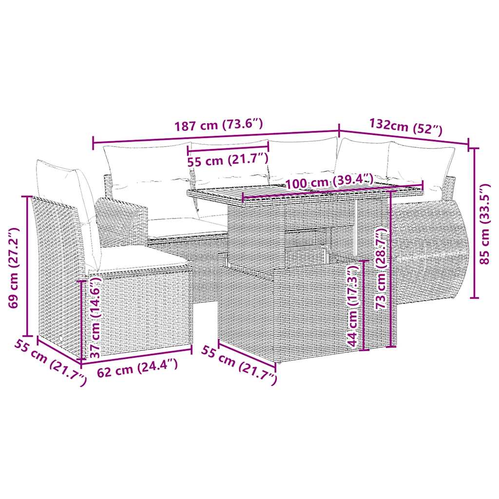 vidaXL 6-delige Loungeset met kussens poly rattan beige afbeelding