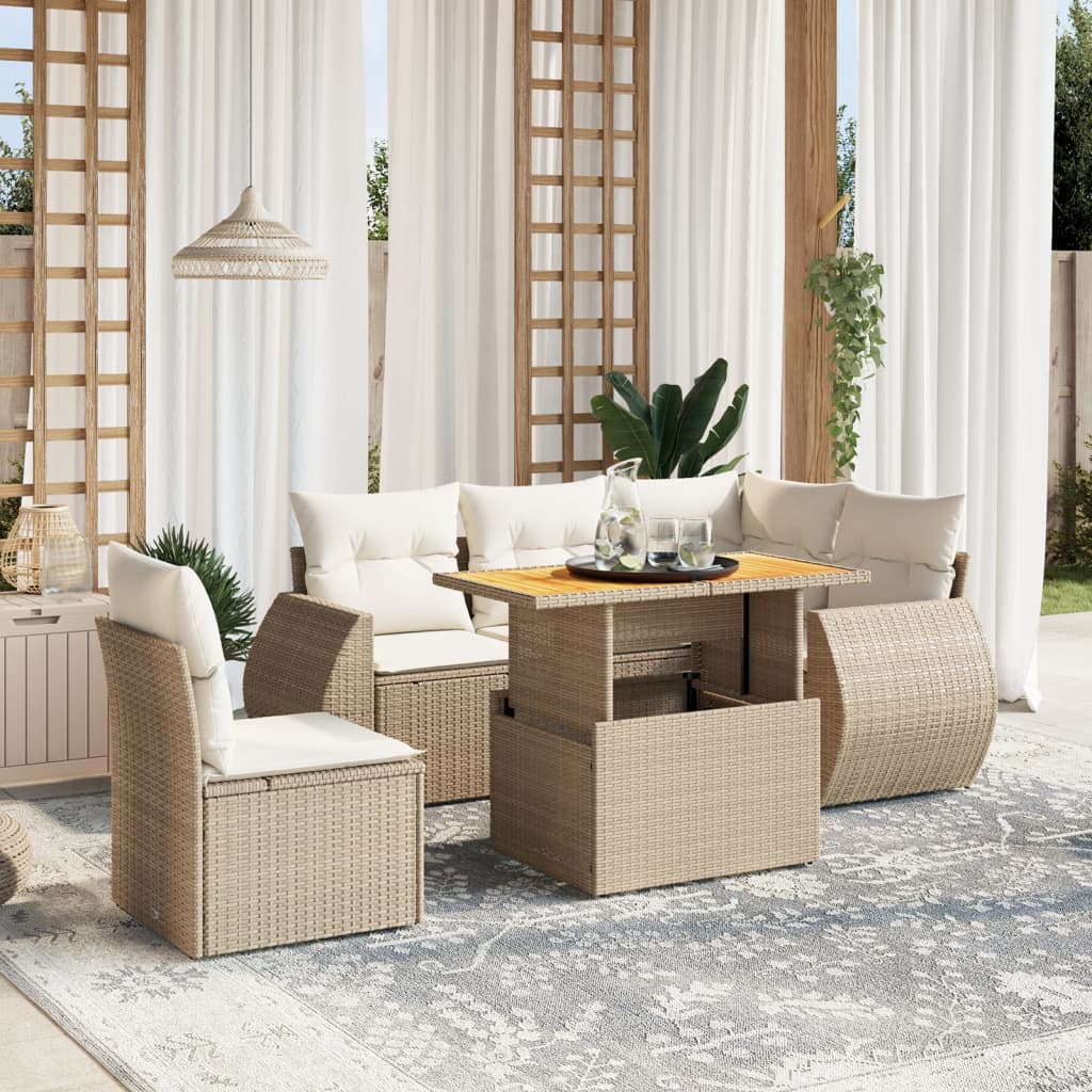 vidaXL 6-tlg. Garten-Sofagarnitur mit Kissen Beige Poly Rattan