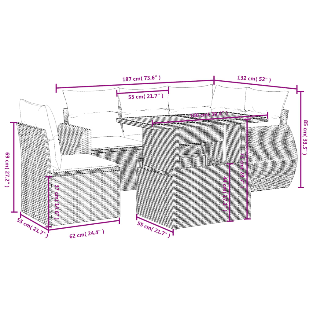 vidaXL 6-delige Loungeset met kussens poly rattan beige afbeelding