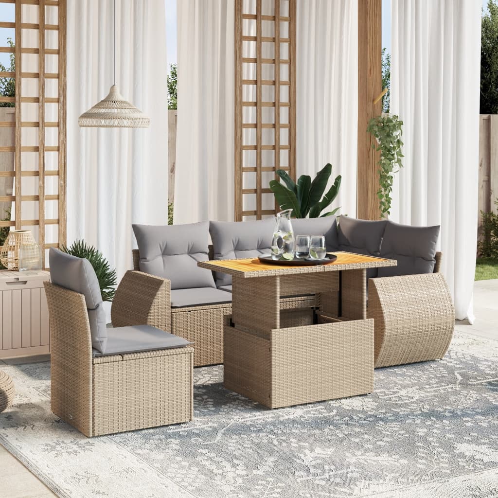 vidaXL 6-tlg. Garten-Sofagarnitur mit Kissen Beige Poly Rattan