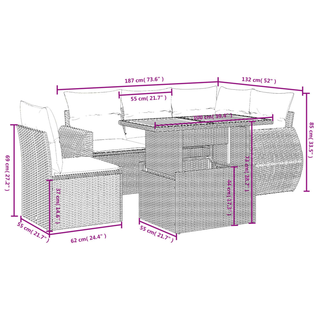 vidaXL 6 részes szürke polyrattan kerti ülőgarnitúra párnákkal
