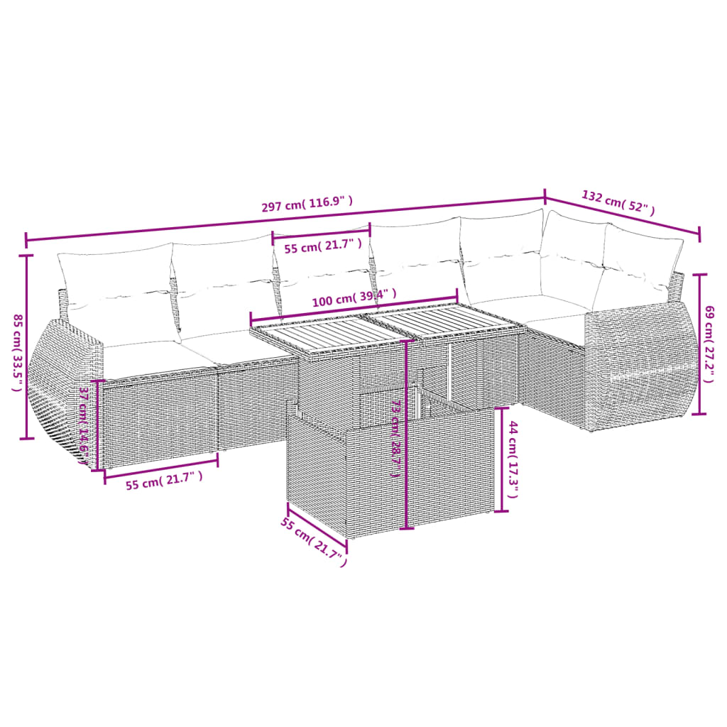 vidaXL 7-delige Loungeset met kussens poly rattan zwart afbeelding