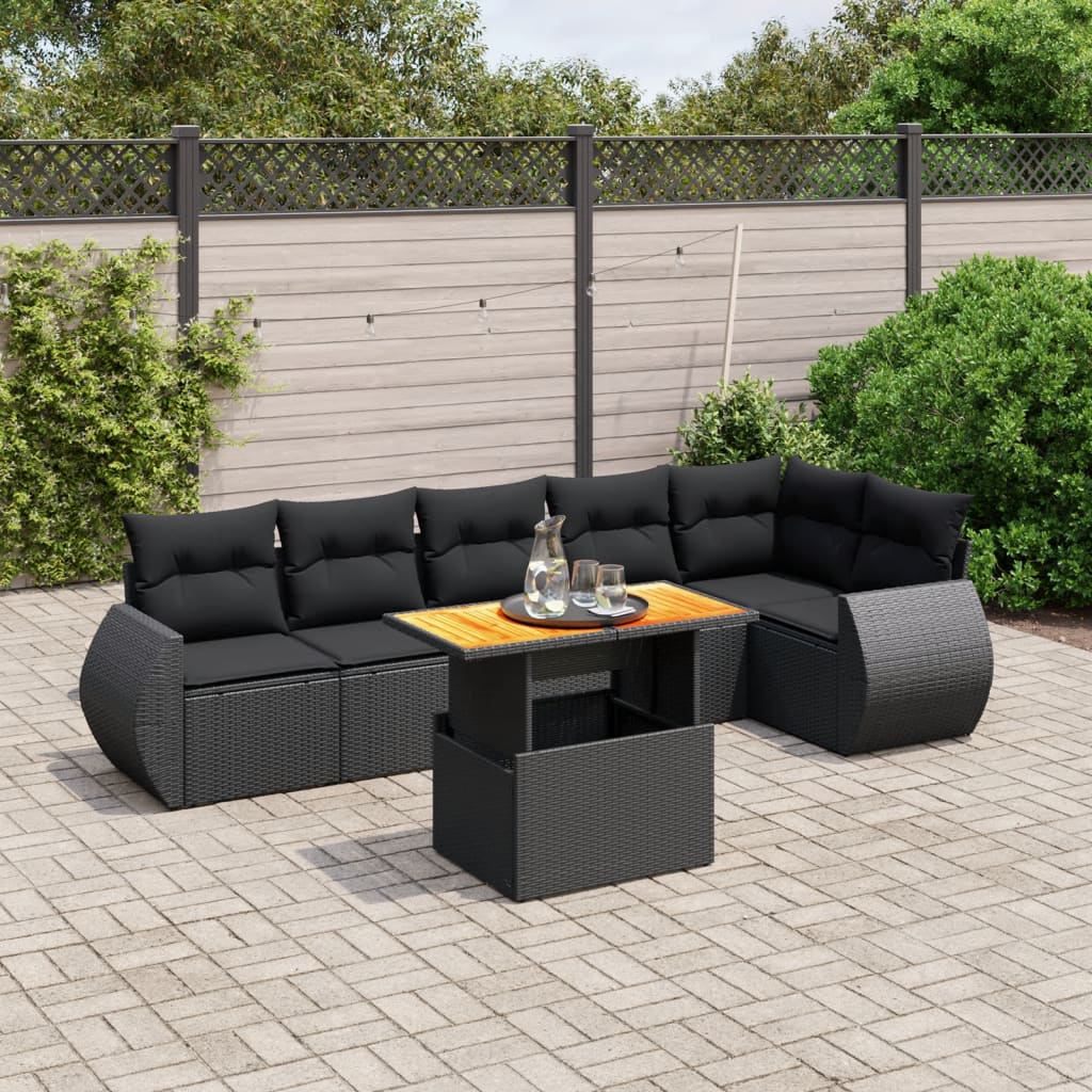 vidaXL 7-tlg. Garten-Sofagarnitur mit Kissen Schwarz Poly Rattan