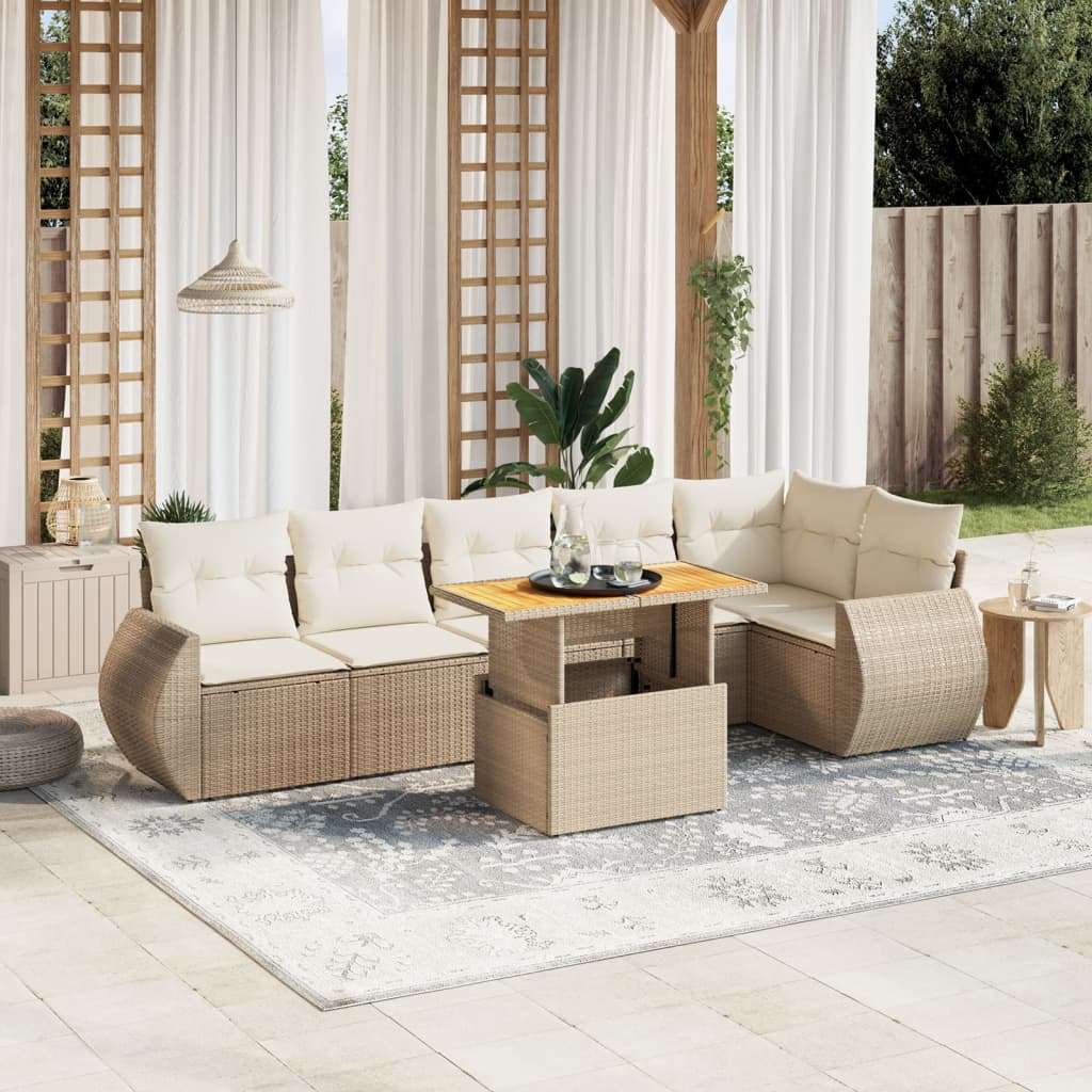 vidaXL 7-tlg. Garten-Sofagarnitur mit Kissen Beige Poly Rattan