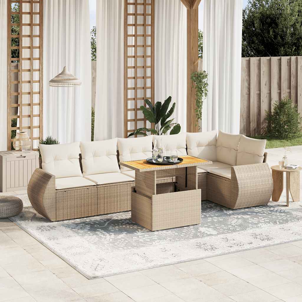 vidaXL 7-tlg. Garten-Sofagarnitur mit Kissen Beige Poly Rattan