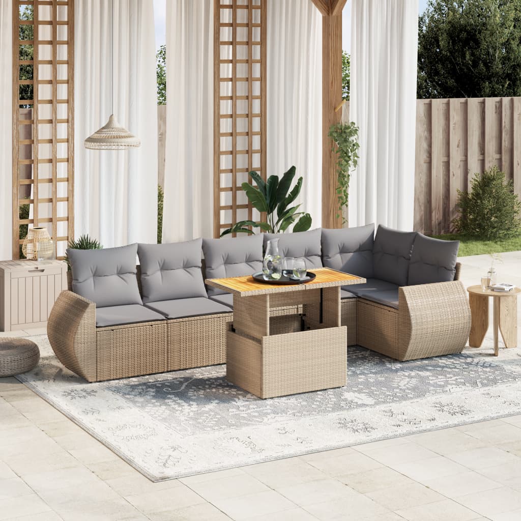 vidaXL 7-tlg. Garten-Sofagarnitur mit Kissen Beige Poly Rattan