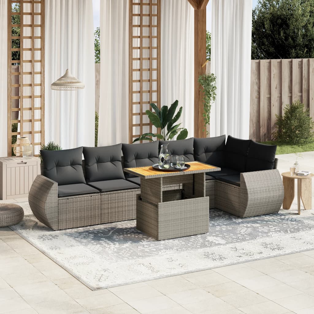 vidaXL 7-tlg. Garten-Sofagarnitur mit Kissen Grau Poly Rattan