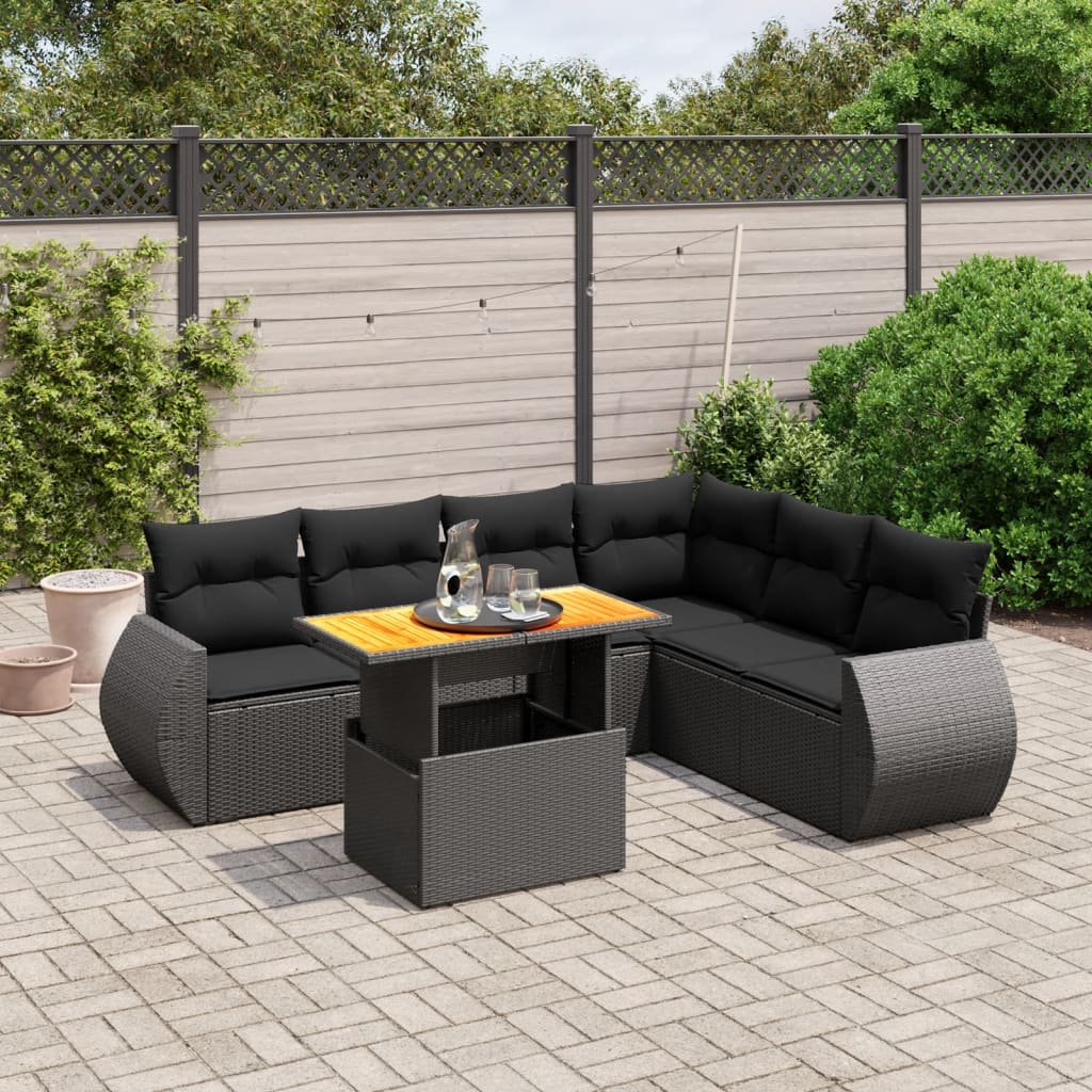 7-tlg. Garten-Sofagarnitur mit Kissen Schwarz Poly Rattan