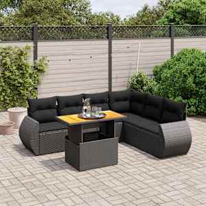 Vrtna sedežna garnitura 7-delna z blazinami črn poli ratan