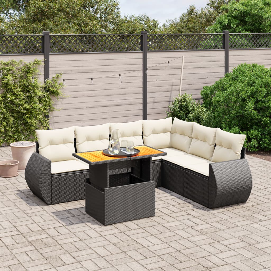 7-tlg. Garten-Sofagarnitur mit Kissen Schwarz Poly Rattan