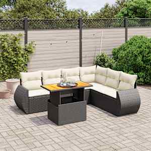 Vrtna sedežna garnitura 7-delna z blazinami črn poli ratan