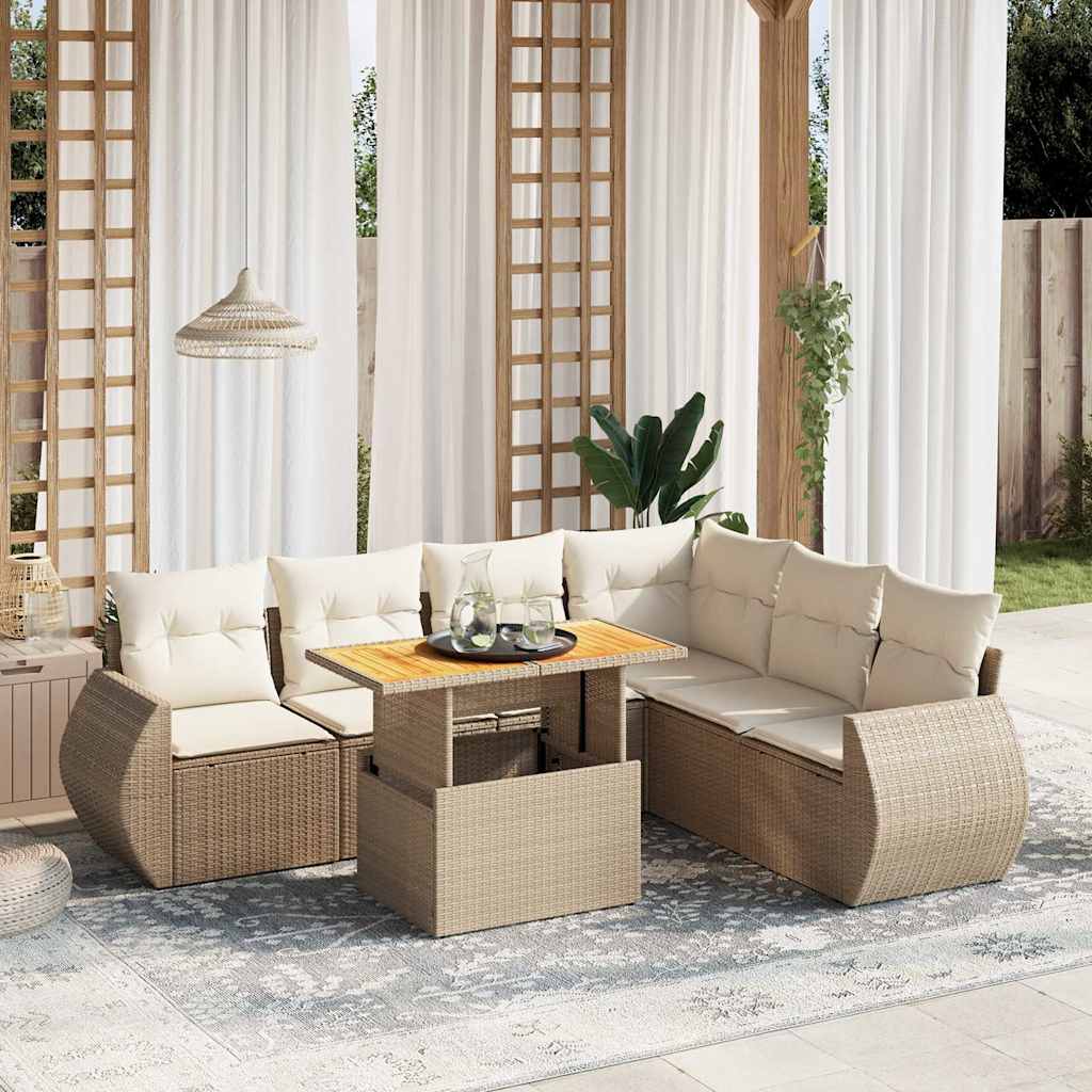 vidaXL 7-tlg. Garten-Sofagarnitur mit Kissen Beige Poly Rattan