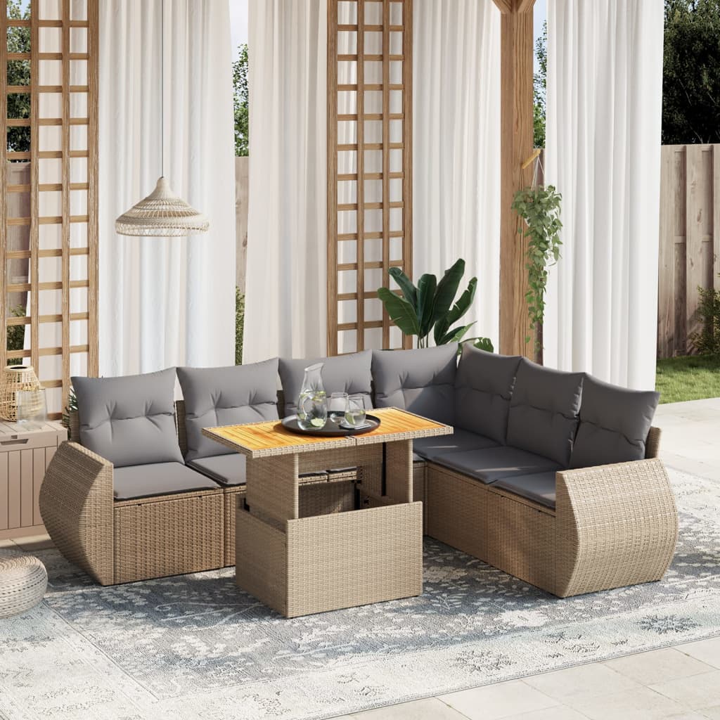 vidaXL 7-tlg. Garten-Sofagarnitur mit Kissen Beige Poly Rattan