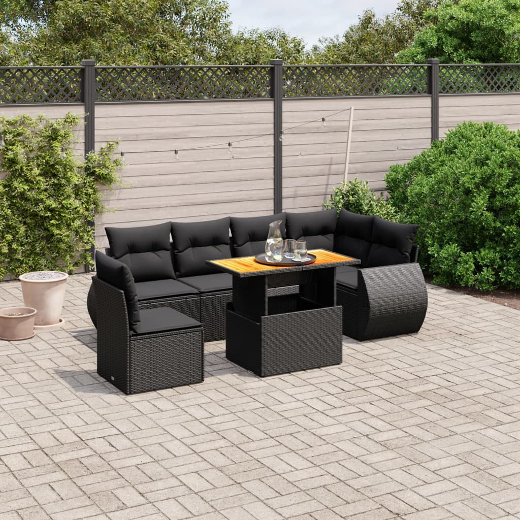 vidaXL 7-tlg. Garten-Sofagarnitur mit Kissen Schwarz Poly Rattan