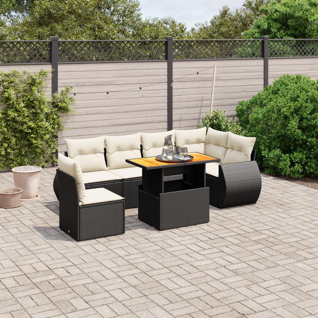 vidaXL 7-tlg. Garten-Sofagarnitur mit Kissen Schwarz Poly Rattan