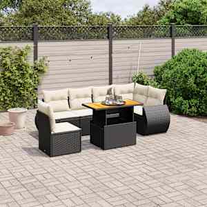 Vrtna sedežna garnitura 7-delna z blazinami črn poli ratan