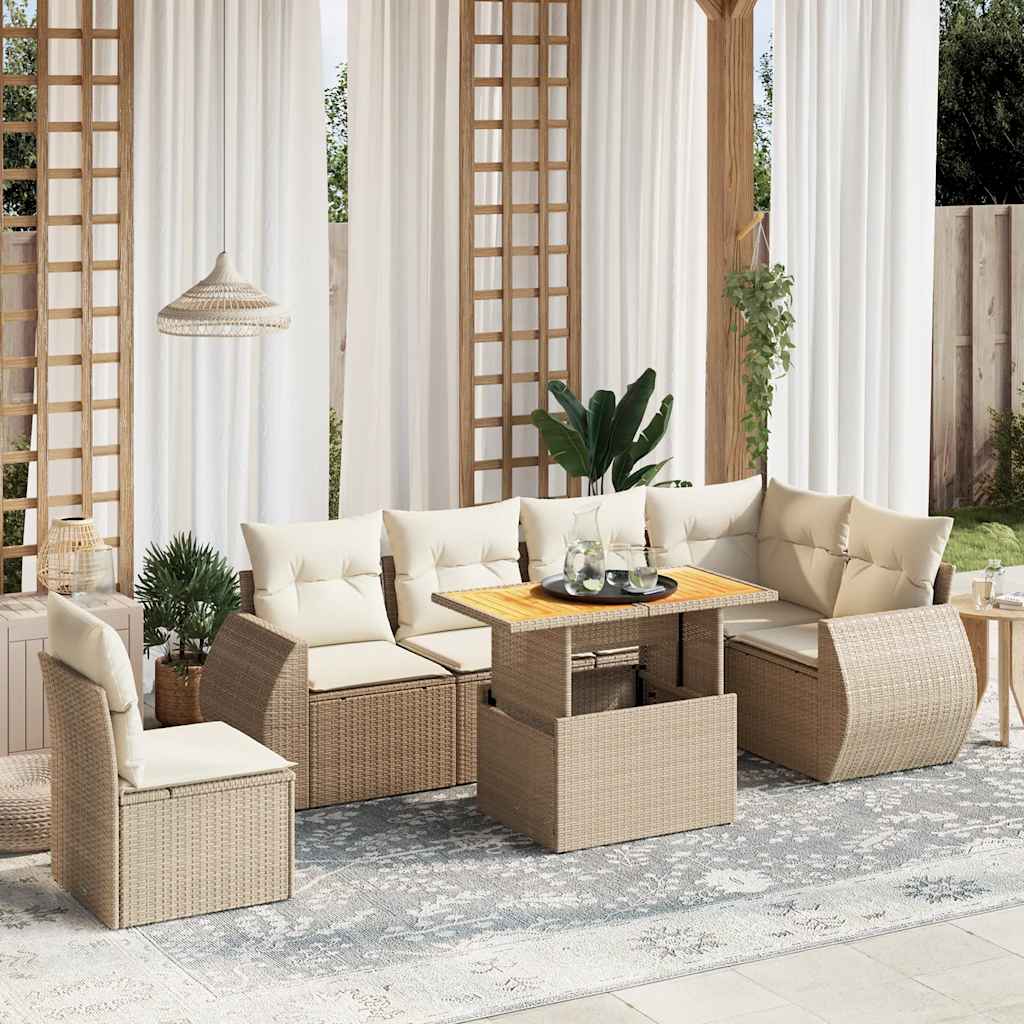 vidaXL 7-tlg. Garten-Sofagarnitur mit Kissen Beige Poly Rattan