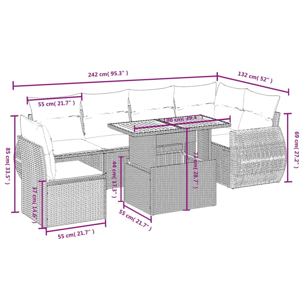 vidaXL 7-delige Loungeset met kussens poly rattan beige afbeelding