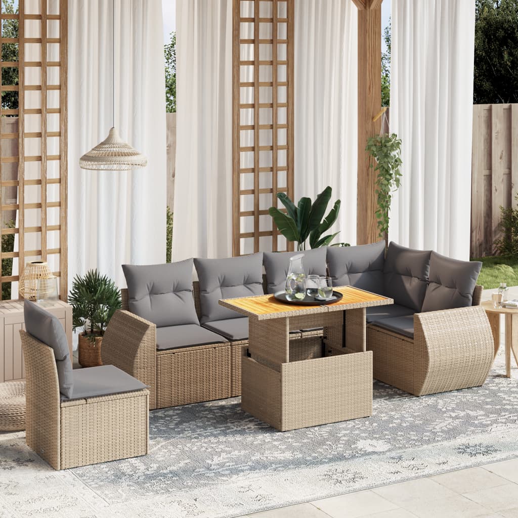 vidaXL 7-tlg. Garten-Sofagarnitur mit Kissen Beige Poly Rattan