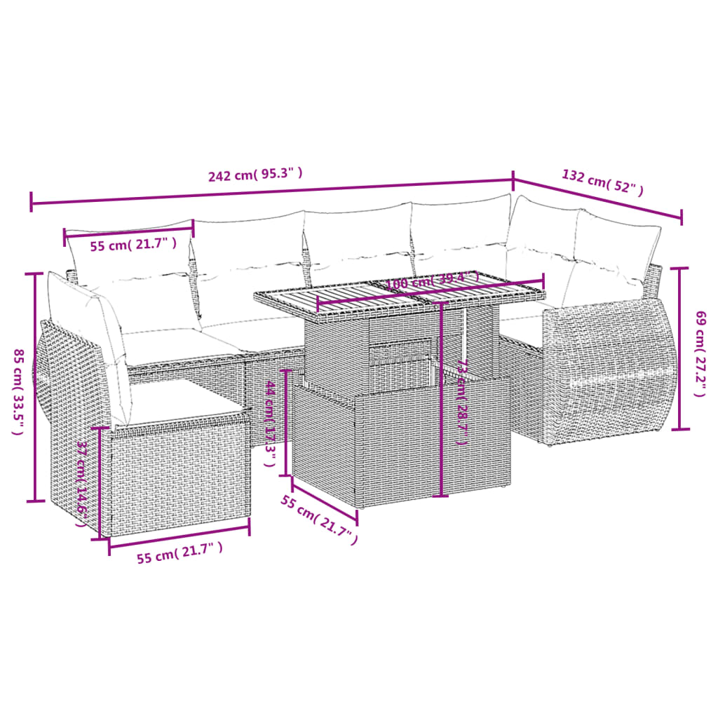 vidaXL 7-delige Loungeset met kussens poly rattan grijs afbeelding