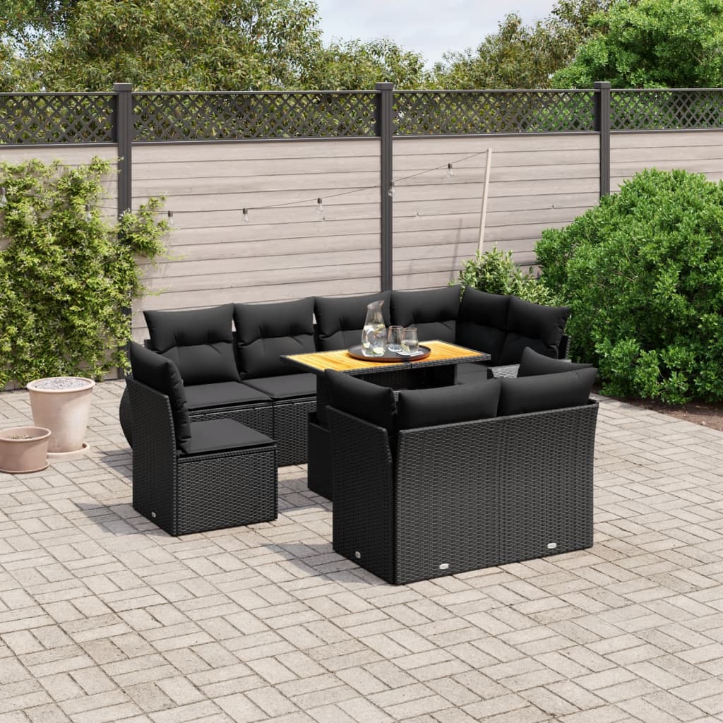 vidaXL 9-tlg. Garten-Sofagarnitur mit Kissen Schwarz Poly Rattan