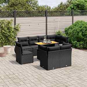 Vrtna sedežna garnitura 9-delna z blazinami črn poli ratan