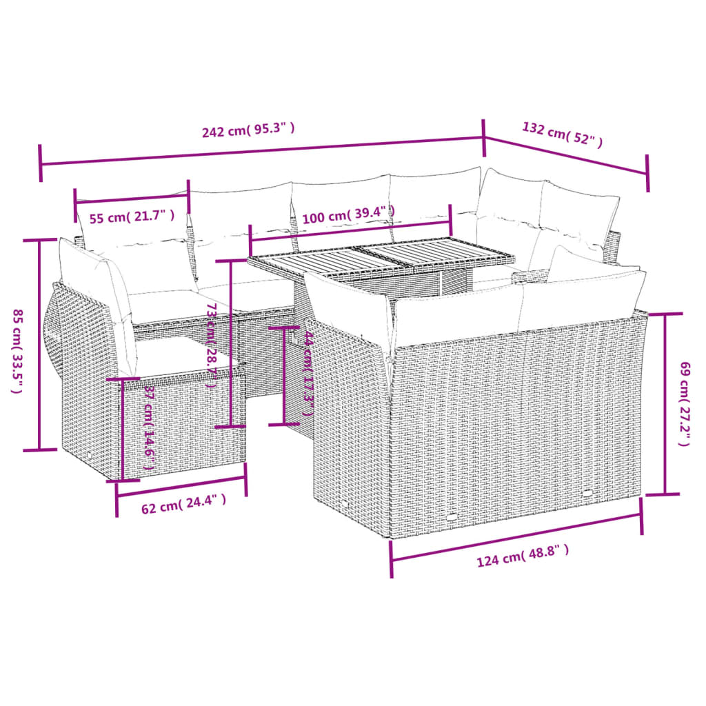 vidaXL 9-delige Loungeset met kussens poly rattan zwart afbeelding