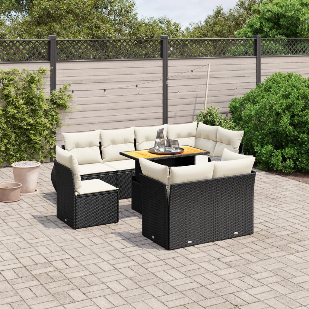 vidaXL 9-tlg. Garten-Sofagarnitur mit Kissen Schwarz Poly Rattan