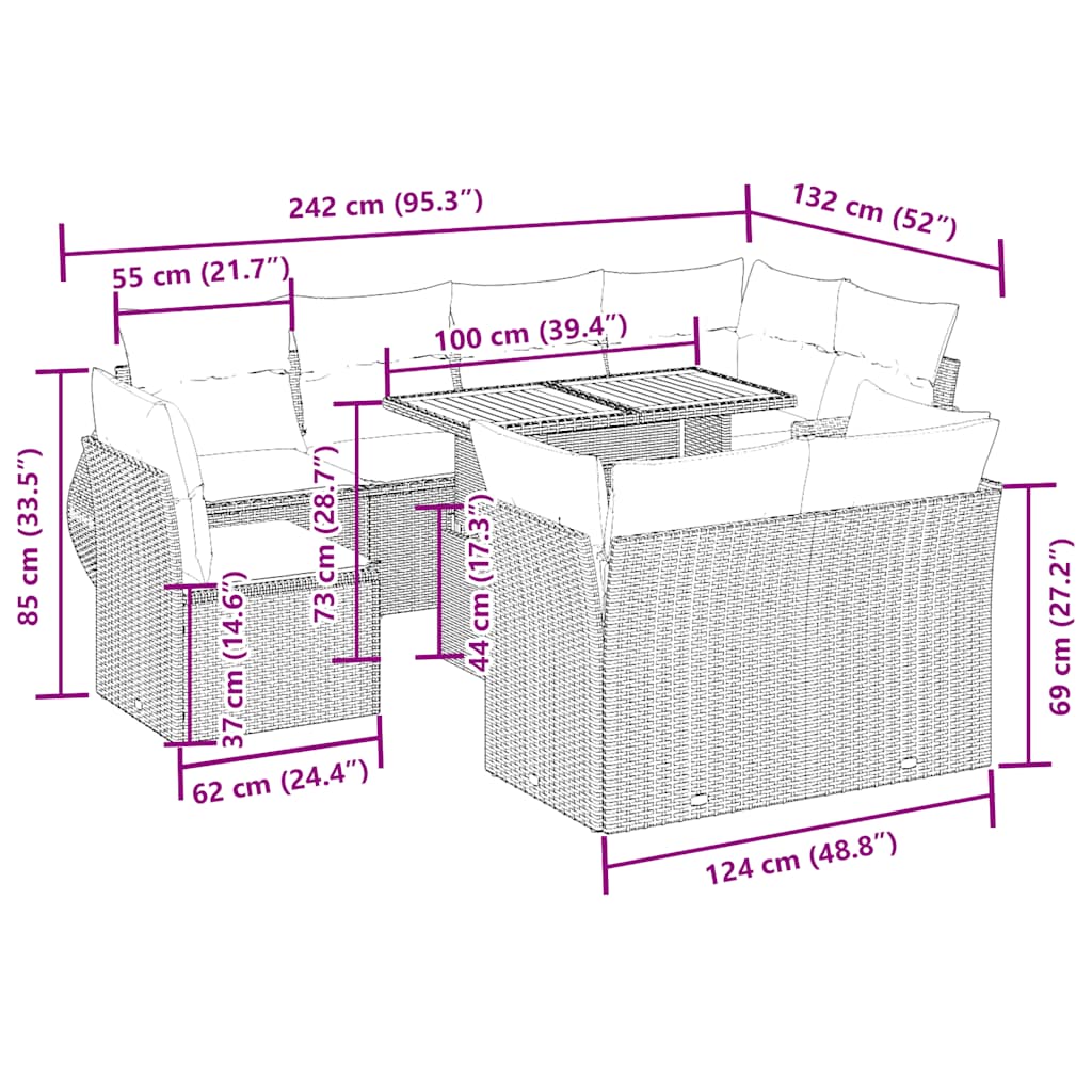 Thumbnail - vidaXL 9-tlg. Garten-Sofagarnitur mit Kissen Beige Poly Rattan