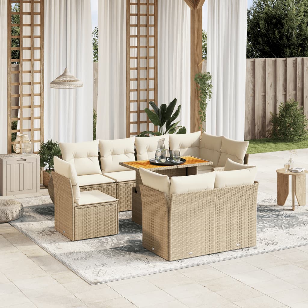 vidaXL 9-tlg. Garten-Sofagarnitur mit Kissen Beige Poly Rattan