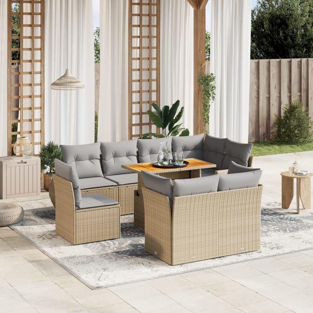 vidaXL 9-tlg. Garten-Sofagarnitur mit Kissen Beige Poly Rattan